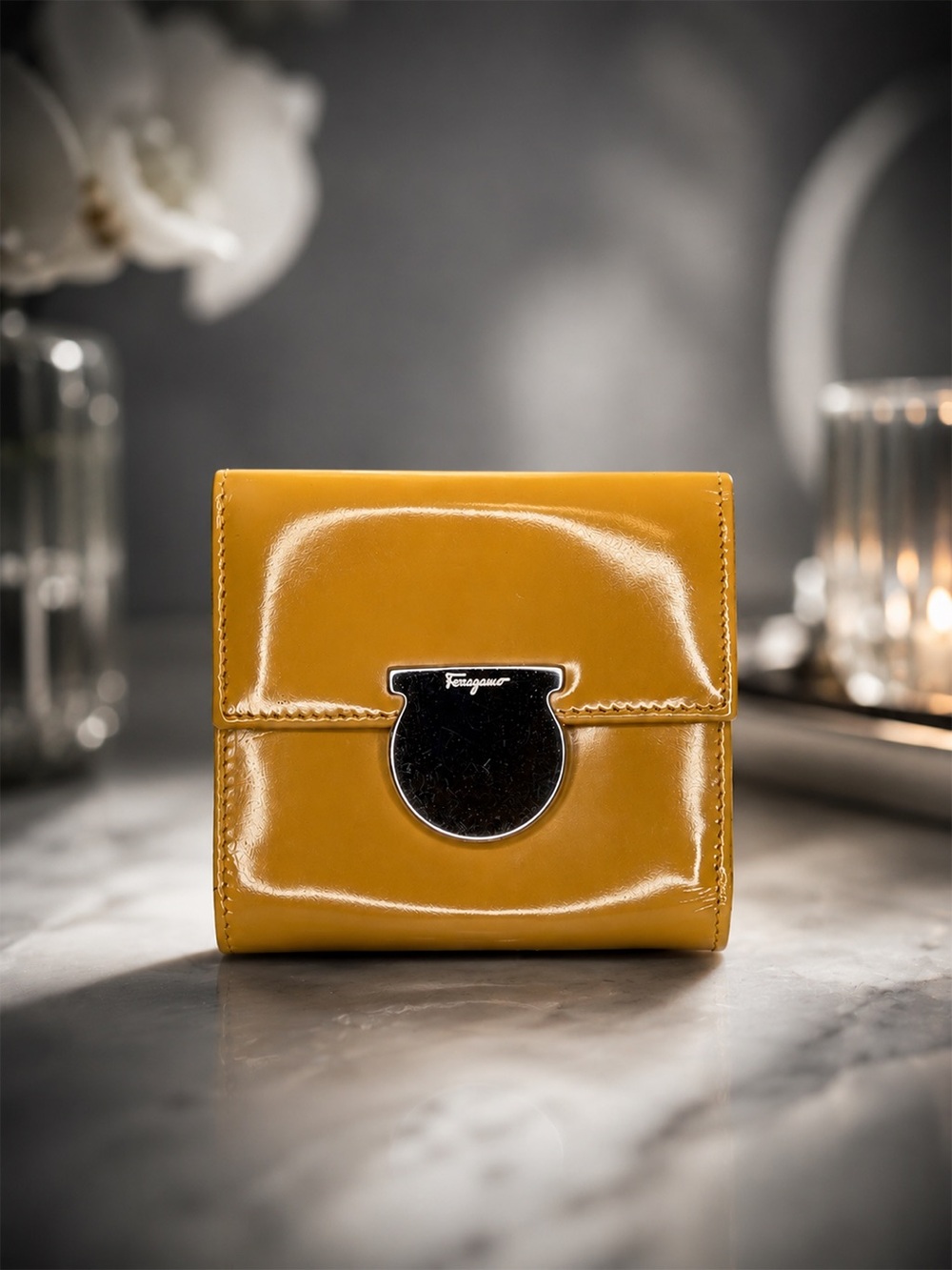 Salvatore Ferragamo Tan Patent Leather Wallet | Gancini Logo | Excellent